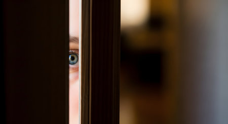A close-up of a person's bright blue eye peeking secretly through a narrow gap in a dark doorway. The image creates a sense of mystery, curiosity, and suspense, suggesting themes of spying, hiding, or fear.の素材