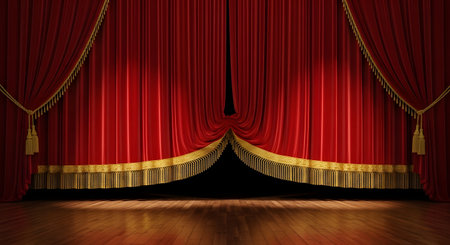 An empty wooden stage is illuminated by a spotlight, with a luxurious red velvet curtain slightly parted in the center. The elegant drapery with golden tassels suggests an impending performance, an opening night, or the world of theater and entertainment.の素材