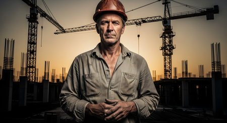 A powerful portrait of a mature, weathered construction worker in a hard hat, looking directly at the camera with a serious expression. In the background, construction cranes are silhouetted against a dramatic sunset sky, symbolizing the grit and dedication of the labor force.の素材