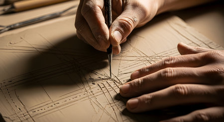 A close-up, dramatic shot of an artist's hands using a pointed needle tool to carefully etch a complex pattern of lines onto a flat slab of wet clay. The image highlights the tactile process of creating pottery and the skill involved in the craft. The lighting focuses on the hands and the texture of the clay.の素材