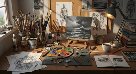 A cluttered and inspiring artist's desk is filled with various art supplies, including brushes, paints, a palette, and charcoal pencils. On the desk are anatomical sketches and a dramatic seascape painting on an easel, illuminated by a desk lamp, creating a cozy and creative atmosphere.の素材