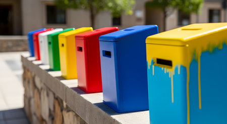 A line of brightly colored recycling bins sits on a stone wall in an outdoor setting. The bins, in primary and secondary colors, create a vibrant and organized display, with one featuring a creative paint-drip design. This image relates to waste management, recycling, and environmental awareness.の素材