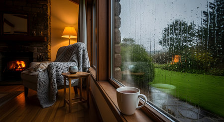 A cozy and tranquil indoor scene on a rainy day. A cat sleeps on a comfortable armchair by a warm fireplace, while a mug of a hot beverage sits on a window sill looking out at the rain-streaked garden, evoking a sense of comfort, warmth, and hygge.の素材