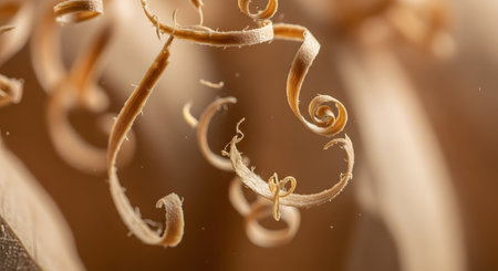 An abstract macro shot captures the delicate beauty of thin, curly wood shavings. The swirling spirals of wood are suspended against a soft, warm background, highlighting the graceful forms and textures created during woodworking or carpentry.の素材