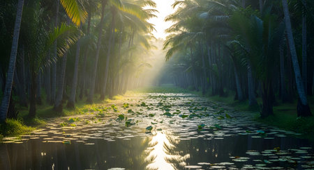 A serene canal flows through a lush grove of coconut palm trees, with golden morning sunlight filtering through the foliage. The water's surface is covered with lily pads and reflects the tall trees, creating a tranquil and picturesque tropical landscape.の素材