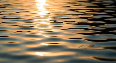 A close-up, abstract view of gentle water ripples on a calm surface during sunset or sunrise. The golden light of the sun creates beautiful, shimmering reflections and highlights on the water. The image evokes a sense of calm, tranquility, and natural beauty, perfect for a background.の素材