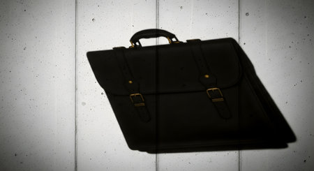 A mysterious black briefcase is spotlit against a gritty, textured concrete wall, with a film noir-style vignette and film grain effect. The dramatic lighting and vintage filter create a sense of suspense, secrecy, and importance, suitable for themes of espionage or corporate secrets.の素材