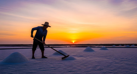 A worker is silhouetted against a magnificent sunset as he rakes salt into mounds on a vast salt flat. The golden light of the setting sun creates a beautiful and poignant scene of traditional labor in a stunning natural landscape.の素材