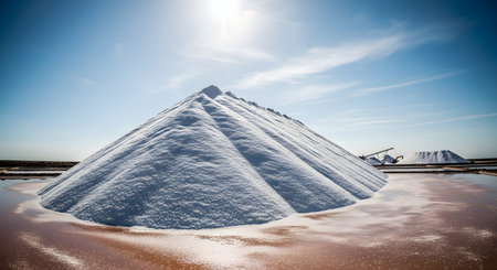A massive, conical mountain of white, crystallized sea salt stands in a salt evaporation pond under a bright sun and blue sky. The reddish water of the saltern surrounds the salt pile, illustrating the process of natural salt harvesting and production.の素材