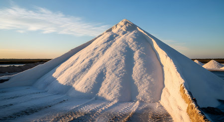 A large pyramid-shaped pile of harvested sea salt glows in the warm light of sunset at a salt flat. Tire tracks in the foreground indicate industrial activity, highlighting the process of salt mining and production.の素材