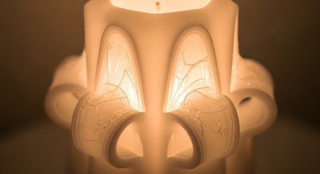 A close-up of a beautifully carved white wax candle, with its flame glowing warmly through the intricate, delicate patterns. The soft light creates a peaceful and serene ambiance, perfect for relaxation, meditation, or decoration.の素材