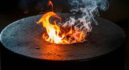 A close-up shot of bright orange flames and wisps of white smoke rising from a modern, circular black metal fire pit. The contrast between the hot fire and the cool, dark metal creates a powerful and elemental image.の素材