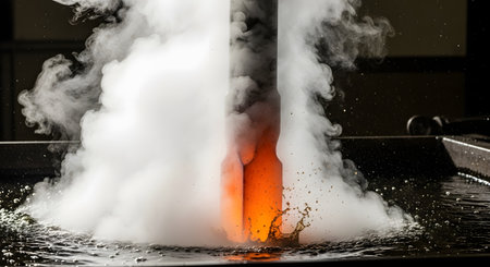 An intensely hot, glowing piece of metal is being quenched by plunging it into a bath of liquid, causing a dramatic eruption of steam and splashing. This industrial process, likely part of forging or heat treating, demonstrates a powerful transformation of materials. The image captures the raw energy of metalworking.の素材