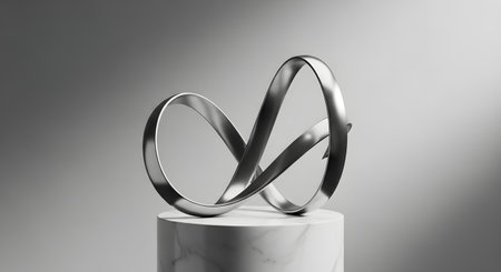 A sleek, metallic sculpture in the shape of a twisted, continuous loop sits atop a white marble pedestal. This modern, abstract artwork, rendered in black and white, represents concepts like infinity, eternity, and endless possibilities.の素材