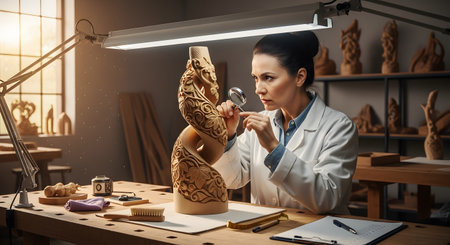A focused female expert in a white lab coat meticulously inspects an intricate, carved wooden sculpture using a magnifying glass. The scene, set in a well-lit workshop, conveys expertise, analysis, art appraisal, and careful restoration.の素材