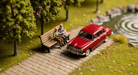 A detailed miniature diorama depicts a serene park scene with tiny trees and a pond. Two small figures, a man and a woman, sit on a bench reading a newspaper next to a classic red toy car parked on a brick path.の素材