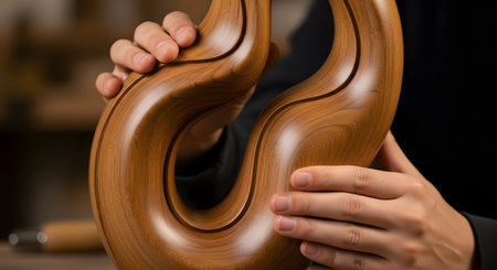 A pair of hands gently holds and admires a beautifully crafted wooden sculpture with smooth, flowing curves. The rich grain of the polished wood is highlighted, showcasing the skill of the artisan and the tactile beauty of the modern artwork.の素材