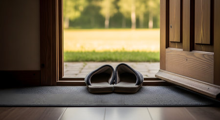 A pair of cozy slippers sits neatly on a doormat just inside an open door, which reveals a view of a sunny green lawn and trees. The image creates a welcoming and peaceful atmosphere, symbolizing home, comfort, and the transition between indoors and outdoors.の素材
