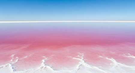 A breathtaking minimalist landscape of a vibrant pink salt lake with a crystallized white salt shore under a clear blue sky. The surreal colors and calm reflection create a unique and beautiful natural wonder.の素材