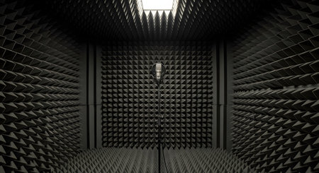 A single professional studio microphone stands in the center of an anechoic chamber, a room designed for complete sound absorption. The walls and ceiling are covered in dark, geometric acoustic foam wedges to prevent echoes and reverberation. This environment is ideal for professional audio recording, sound testing, and scientific research.の素材