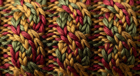 A macro close-up of a tightly knitted fabric with a complex cable-knit pattern. The yarn features a beautiful mix of earthy colors, including red, green, and gold, creating a warm and textured background. This image is perfect for concepts related to textiles, fashion, comfort, and traditional crafts.の素材