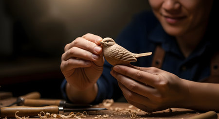 A skilled artisan is putting the finishing touches on an intricately carved wooden bird in a dimly lit workshop. The focus is on the craftsperson's hands carefully holding the small sculpture, with wood shavings and carving tools on the bench, highlighting craftsmanship and passion.の素材
