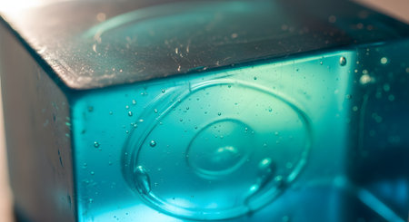 A macro close-up of a translucent blue cube, possibly made of glass or resin, showing intricate details like small air bubbles and internal circular patterns. The light shining through the object creates an abstract and mesmerizing texture.の素材