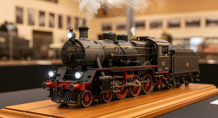 An incredibly detailed scale model of a vintage black steam locomotive, complete with glowing headlights and emitting realistic smoke. The model rests on a wooden display base in what appears to be a museum or exhibition, showcasing the craftsmanship of model engineering.の素材