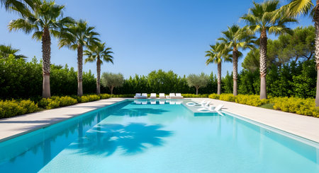 A long, pristine swimming pool with turquoise water is flanked by tall palm trees and lush greenery under a clear blue sky. Modern lounge chairs are visible, creating an image of a luxurious tropical resort, private villa, or exclusive hotel, perfect for a summer vacation.の素材