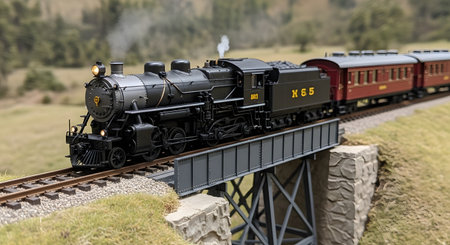 A highly detailed scale model of a black steam locomotive with passenger cars crosses a truss bridge in a realistic miniature landscape. The diorama features natural-looking scenery with grass and trees, showcasing the intricate hobby of model railroading.の素材
