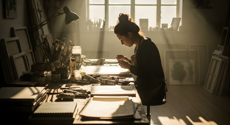 An artist is deeply focused on her work at a large desk in a sunlit studio. Backlit by a large window, she is surrounded by canvases, brushes, and paints, creating an atmospheric and inspiring scene of creativity and dedication.の素材