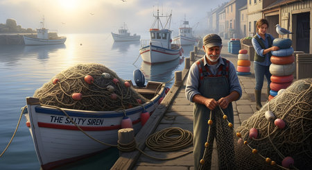A charming illustration of a quaint fishing village harbor at sunrise. An elderly fisherman is mending his net on the dock next to his boat, 'The Salty Siren,' while a younger woman organizes buoys, with other fishing boats in the background.の素材