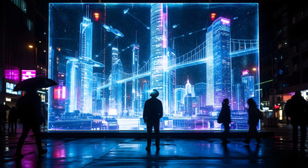 A person stands before a massive, transparent holographic screen on a rainy city street at night, displaying a futuristic neon cityscape. The glowing blue and pink interface represents concepts like the metaverse, virtual reality, smart cities, and advanced technology.の素材