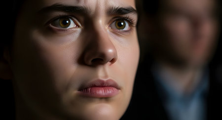 A dramatic close-up of a young woman's face, filled with fear and anxiety. Her wide eyes are focused on something off-camera, and the low-key lighting enhances the suspenseful and intense emotion of the moment.の素材