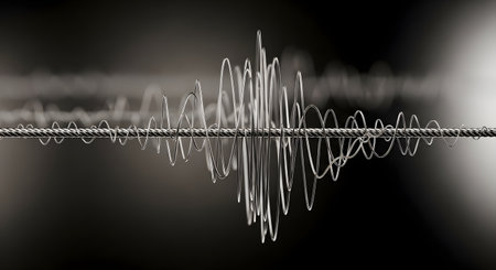 A monochromatic, abstract visualization of a complex soundwave or data signal traveling along a central twisted cable. The chaotic, wiry waveform represents concepts like communication, vibration, frequency, or the transmission of information. The shallow depth of field on a dark background creates a technical and artistic feel.の素材