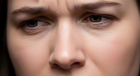 An extreme close-up on a young woman's face, focusing on her expressive eyes and furrowed brow. Her expression conveys deep worry, sadness, disappointment, or anxiety, capturing a powerful and intimate emotional moment.の素材