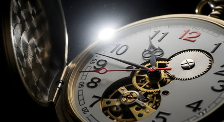 A dramatic close-up of a sophisticated open-face pocket watch, with a bright light reflecting off its surface. The intricate inner mechanism, including the tourbillon and gears, is visible, symbolizing the complexity of time, precision engineering, and luxury.の素材