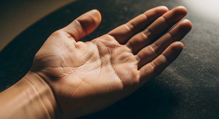 A detailed close-up of a person's open palm, with dramatic lighting highlighting the intricate lines, creases, and texture of the skin. The image represents humanity, touch, identity, and the practice of palmistry or fortune telling.の素材