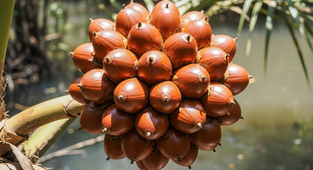 A large, spherical cluster of ripe, reddish-brown Nipa palm fruits (Buah Nipah) hangs from the tree in its natural mangrove swamp habitat. This tropical fruit is native to Southeast Asia and is used in various local cuisines and desserts.の素材