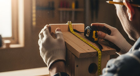 A close-up, over-the-shoulder view of a carpenter measuring a piece of wood for a birdhouse with a tape measure. The craftsman is wearing gloves and holding a pencil, focused on his woodworking project in a dusty workshop. The image represents craftsmanship, DIY projects, and skilled labor.の素材
