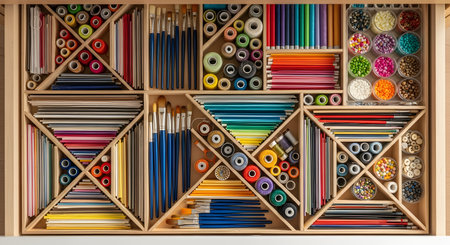 An overhead view of a wooden drawer with custom dividers, neatly organizing a variety of art and craft supplies. It contains colorful threads, paintbrushes, colored pencils, beads, and paper, showcasing excellent organization and creativity. This image represents hobbies, artistic pursuits, and tidiness.の素材