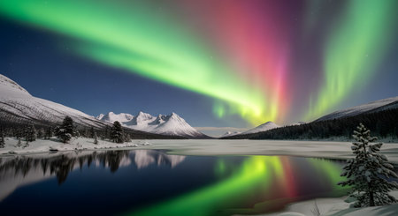 The spectacular green and magenta lights of the aurora borealis, or northern lights, dance across the night sky over a serene, snow-covered mountain landscape. The vibrant colors are perfectly reflected in the calm, frozen lake, creating a breathtaking and peaceful winter scene.の素材
