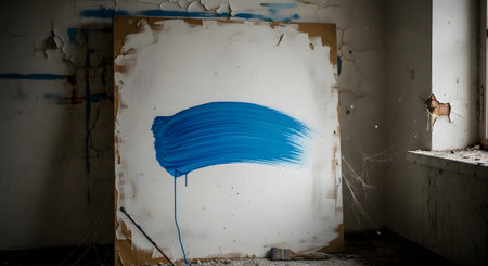 A large, unfinished canvas with a single, expressive smear of wet blue paint rests against a derelict wall with peeling paint and cobwebs. The minimalist abstract art contrasts with the decaying, abandoned room, creating a moody and thought-provoking scene.の素材