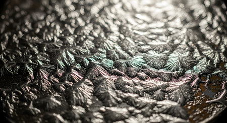 An extreme close-up, abstract image of a dark, textured surface with a crystalline or frosted pattern. The intricate, leaf-like formations reflect light, creating a sense of depth and a metallic sheen. This background is ideal for themes of science, materials, or abstract design.の素材