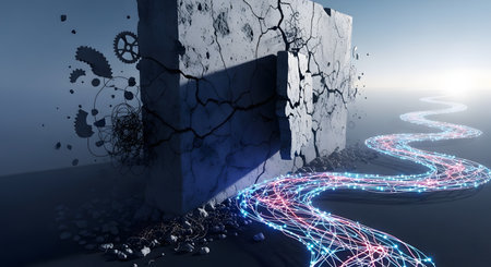 A glowing stream of digital data, formed by interconnected blue and red light trails, shatters a massive concrete wall. Exploding gears and wires signify the disruption of old systems, symbolizing concepts like technological breakthrough, innovation, and overcoming barriers.の素材