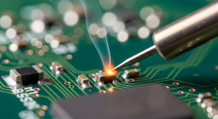 A detailed macro photograph shows a glowing hot soldering iron tip making contact with a small component on a green printed circuit board (PCB). A wisp of smoke rises from the connection, illustrating the process of electronics repair, manufacturing, or engineering with precision.の素材