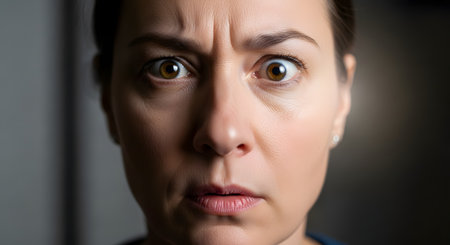 A close-up portrait of a woman with a shocked and worried expression. Her eyes are wide open, her eyebrows are furrowed, and her brow is wrinkled, conveying feelings of fear, anxiety, or disbelief. The dramatic lighting focuses on her intense facial expression.の素材