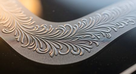 A macro close-up captures an elegant, silver-colored floral scrollwork pattern engraved or embossed on a dark, textured surface. The delicate and intricate filigree design is highlighted by soft lighting, conveying a sense of luxury, craftsmanship, and classic design.の素材