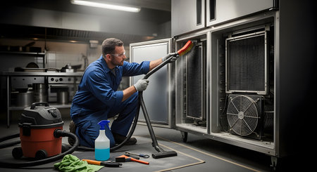 A professional technician in blue overalls is diligently cleaning the condenser coils of a large commercial refrigeration unit with a brush and vacuum cleaner. The scene takes place in a commercial kitchen, emphasizing maintenance, repair, and hygiene standards.の素材