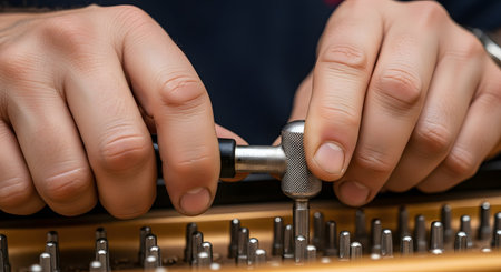 A tight close-up shot of a piano tuner's hands expertly using a tuning wrench to adjust the pins on a piano. The focus is on the precise action of tuning the instrument to achieve the perfect pitch. This image represents skill, craftsmanship, music maintenance, and precision work.の素材